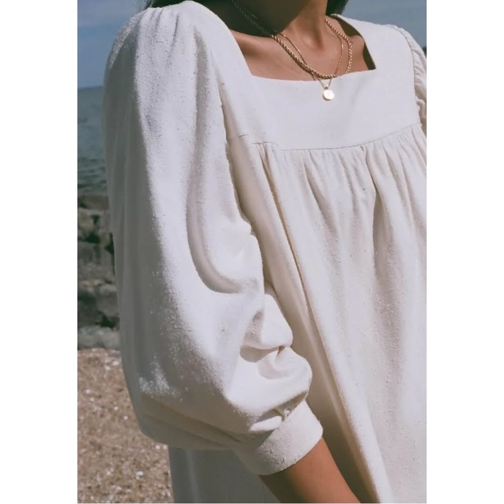 Na Nin Eunice Raw Silk MuuMuu - Cream White Puff Sleeve Relaxed Fit Midi Dress - Picture 8 of 10